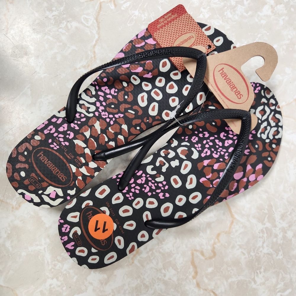 Havaianas Black Pink Lemonade Animal Print Flip Flop Sandals 11 12